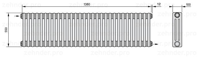 Схема (чертеж) Радиатор Zehnder Charleston 3055/30 №1670 Белый глянцевый RAL 9016